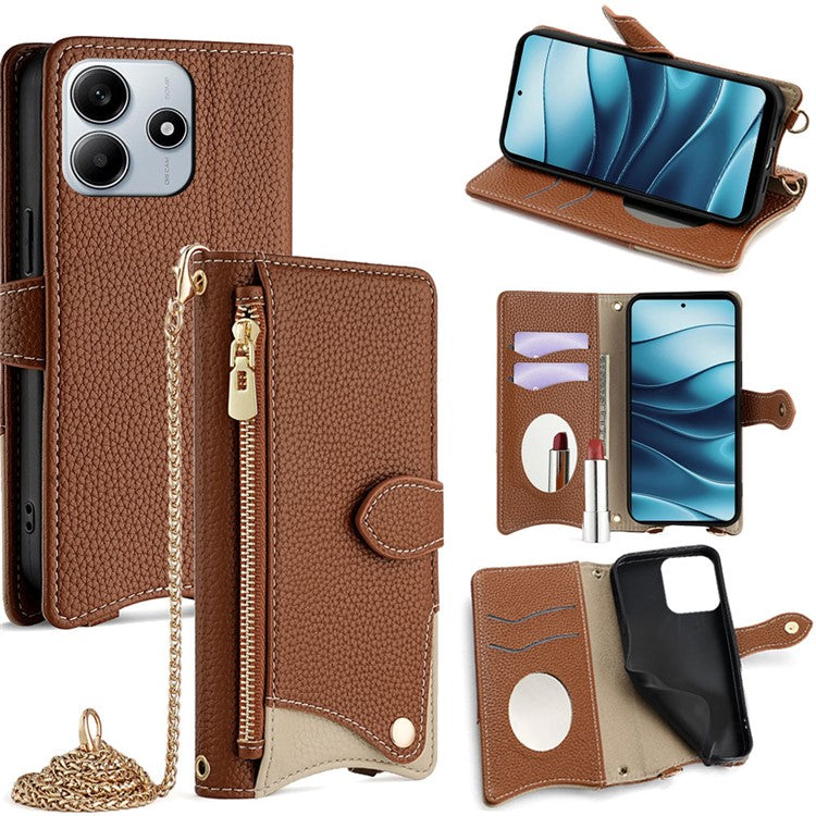 For Xiaomi Redmi Note 14 5G Leather Case Wallet Stand Cover Irregular Tail Style with Chain Strap - Brown