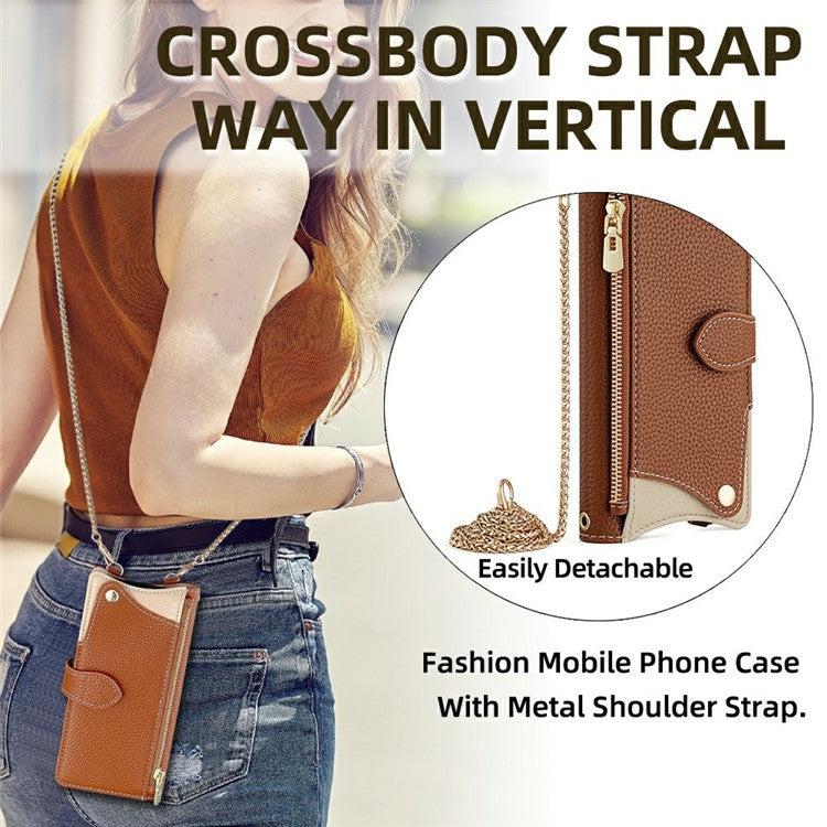 For Xiaomi Redmi Note 14 5G Leather Case Wallet Stand Cover Irregular Tail Style with Chain Strap - Brown