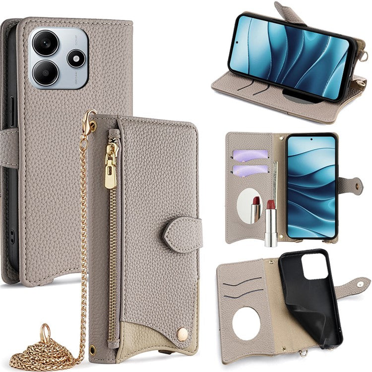 For Xiaomi Redmi Note 14 5G Leather Case Wallet Stand Cover Irregular Tail Style with Chain Strap - Grey