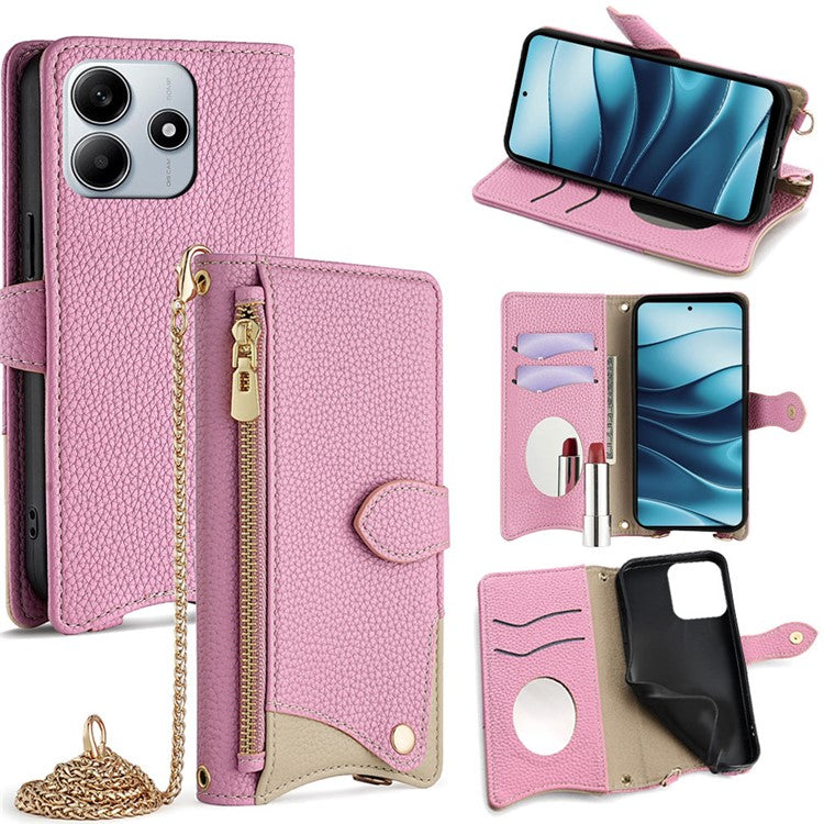 For Xiaomi Redmi Note 14 5G Leather Case Wallet Stand Cover Irregular Tail Style with Chain Strap - Pink