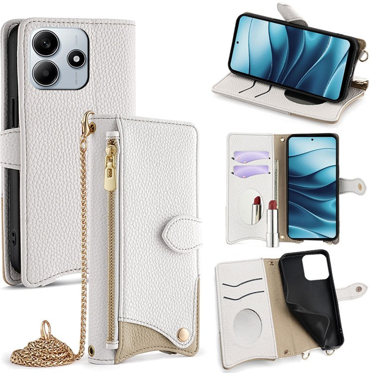 For Xiaomi Redmi Note 14 5G Leather Case Wallet Stand Cover Irregular Tail Style with Chain Strap - White