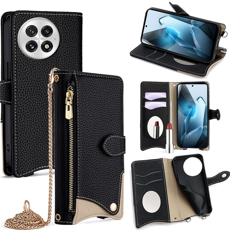 For OnePlus 13 Leather Case Wallet Stand Cover Irregular Tail Style with Chain Strap - Black