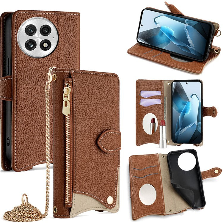 For OnePlus 13 Leather Case Wallet Stand Cover Irregular Tail Style with Chain Strap - Brown