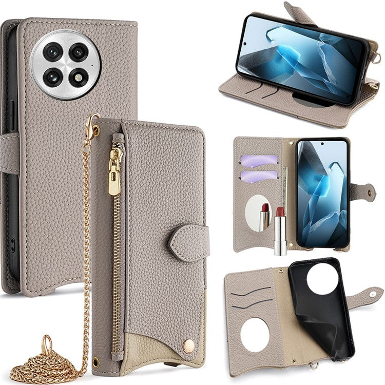 For OnePlus 13 Leather Case Wallet Stand Cover Irregular Tail Style with Chain Strap - Grey