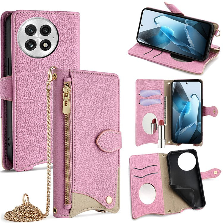 For OnePlus 13 Leather Case Wallet Stand Cover Irregular Tail Style with Chain Strap - Pink