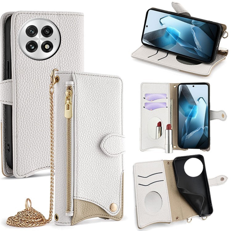 For OnePlus 13 Leather Case Wallet Stand Cover Irregular Tail Style with Chain Strap - White