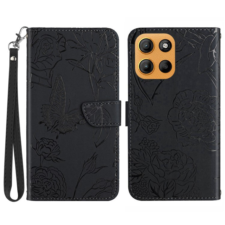 For Motorola Moto G15 4G Case Leather Phone Cover with Strap, Butterfly Flower Imprint - Black