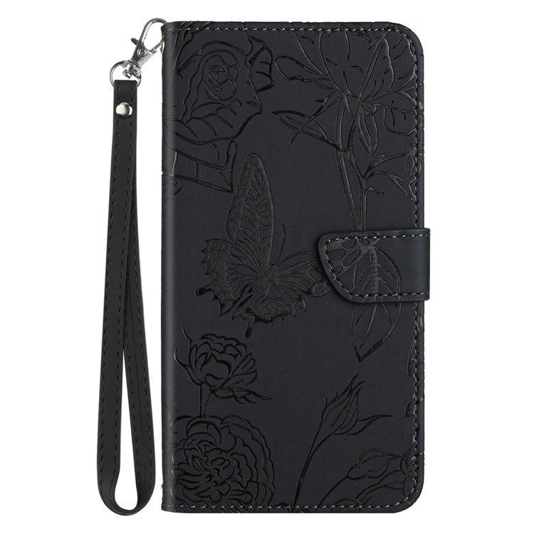 For Motorola Moto G15 4G Case Leather Phone Cover with Strap, Butterfly Flower Imprint - Black