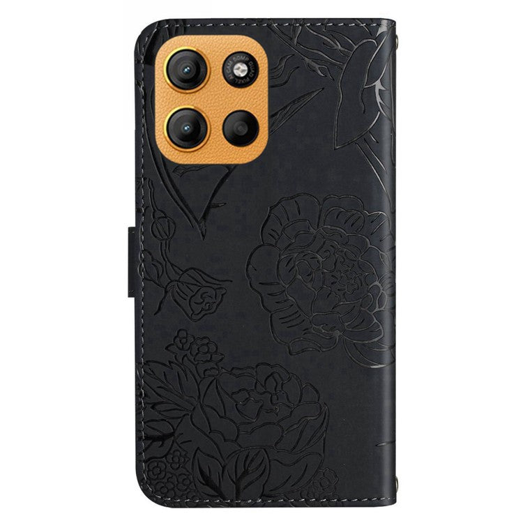 For Motorola Moto G15 4G Case Leather Phone Cover with Strap, Butterfly Flower Imprint - Black