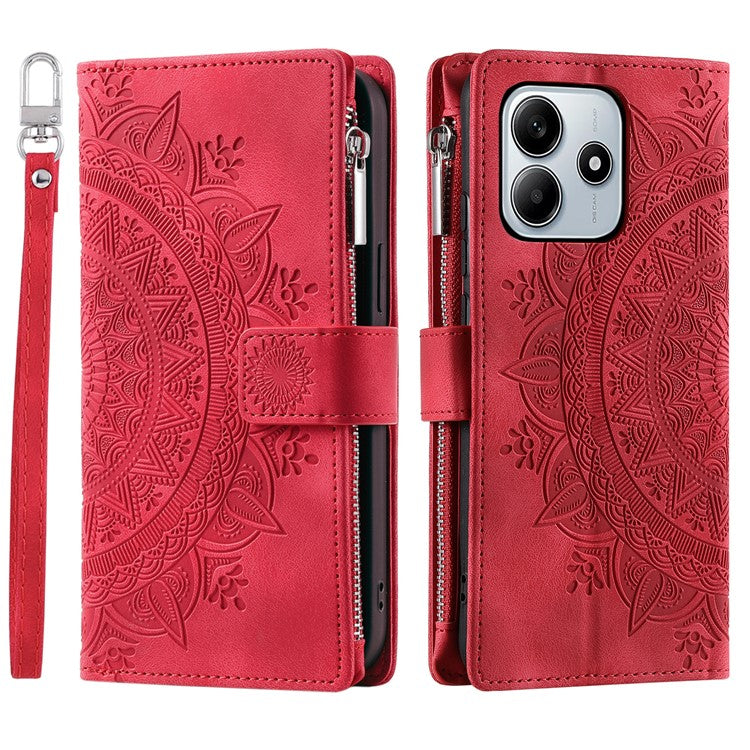 Style 006 For Xiaomi Redmi Note 14 5G Wallet Case PU Leather Phone Cover Mandala Flower Pattern - Red