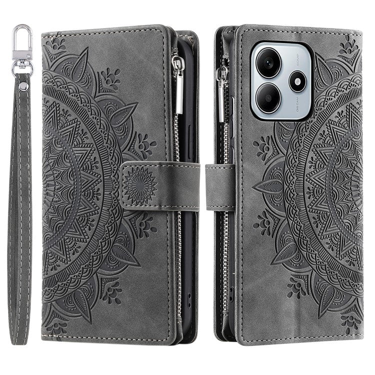 Style 006 For Xiaomi Redmi Note 14 5G Wallet Case PU Leather Phone Cover Mandala Flower Pattern - Grey