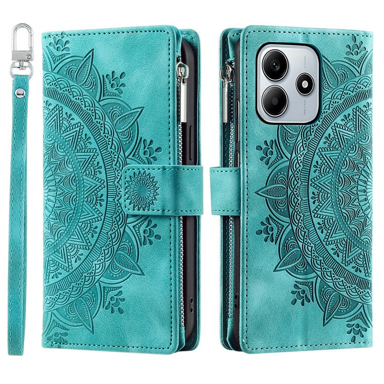 Style 006 For Xiaomi Redmi Note 14 5G Wallet Case PU Leather Phone Cover Mandala Flower Pattern - Mint Green