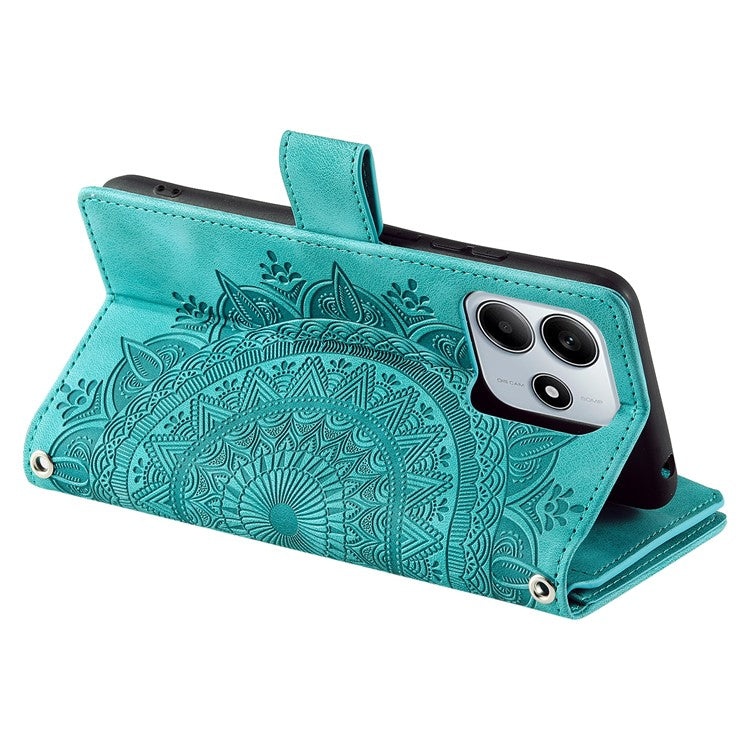 Style 006 For Xiaomi Redmi Note 14 5G Wallet Case PU Leather Phone Cover Mandala Flower Pattern - Mint Green