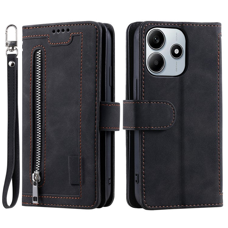 For Xiaomi Redmi Note 14 5G Case PU Leather Phone Cover with Zipper Wallet 9 Card Slots - Black