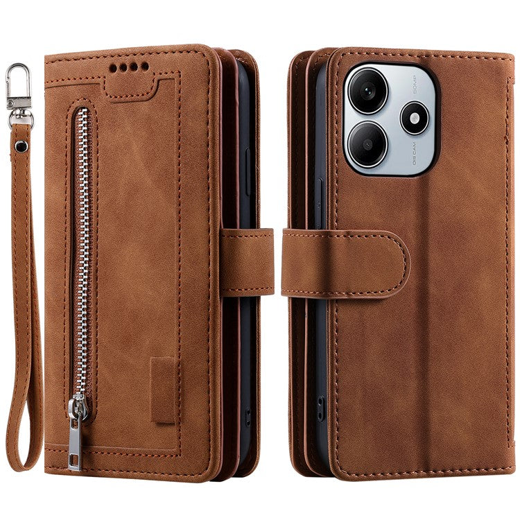 For Xiaomi Redmi Note 14 5G Case PU Leather Phone Cover with Zipper Wallet 9 Card Slots - Brown