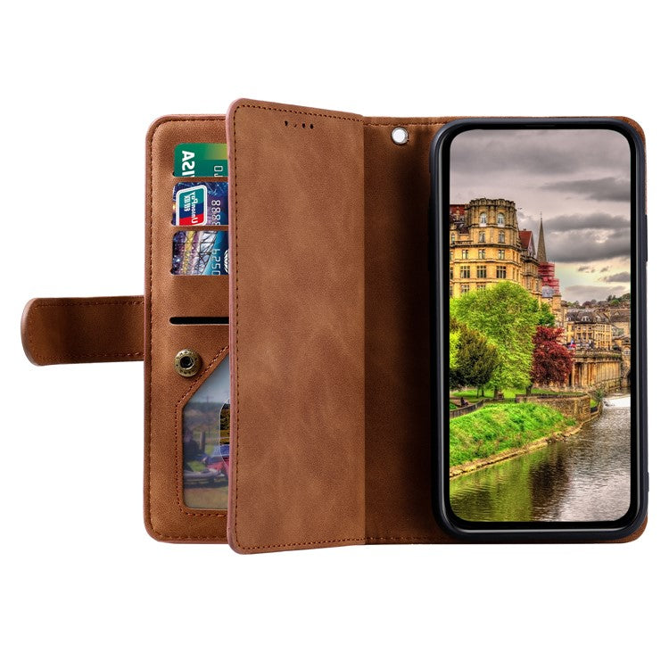 For Xiaomi Redmi Note 14 5G Case PU Leather Phone Cover with Zipper Wallet 9 Card Slots - Brown