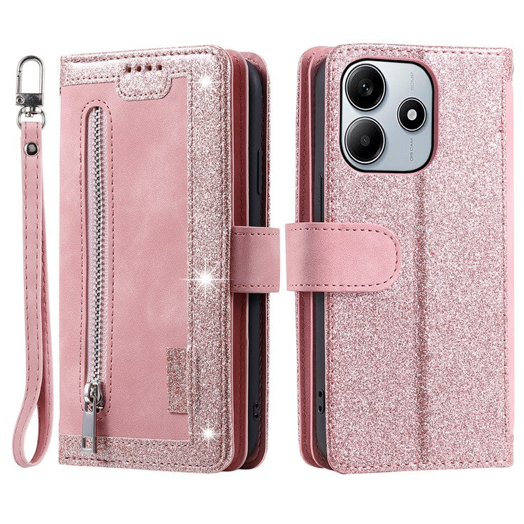 For Xiaomi Redmi Note 14 5G Case PU Leather Phone Cover with Zipper Wallet 9 Card Slots - Rose Gold