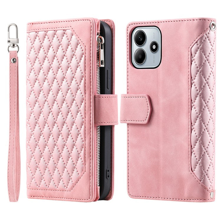 Style 005 For Xiaomi Redmi Note 14 5G Wallet Case Rhombus Stitching Line PU Leather Phone Cover - Rose Gold