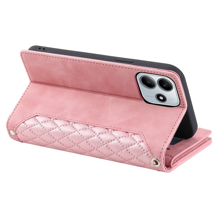 Style 005 For Xiaomi Redmi Note 14 5G Wallet Case Rhombus Stitching Line PU Leather Phone Cover - Rose Gold