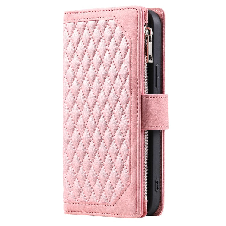 Style 005 For Xiaomi Redmi Note 14 5G Wallet Case Rhombus Stitching Line PU Leather Phone Cover - Rose Gold