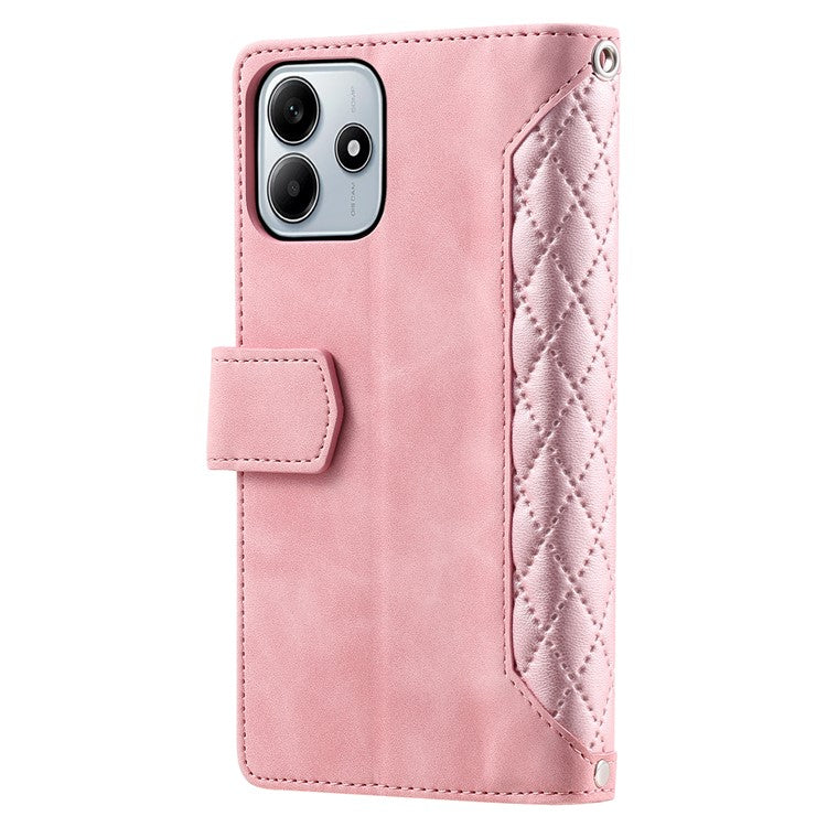 Style 005 For Xiaomi Redmi Note 14 5G Wallet Case Rhombus Stitching Line PU Leather Phone Cover - Rose Gold