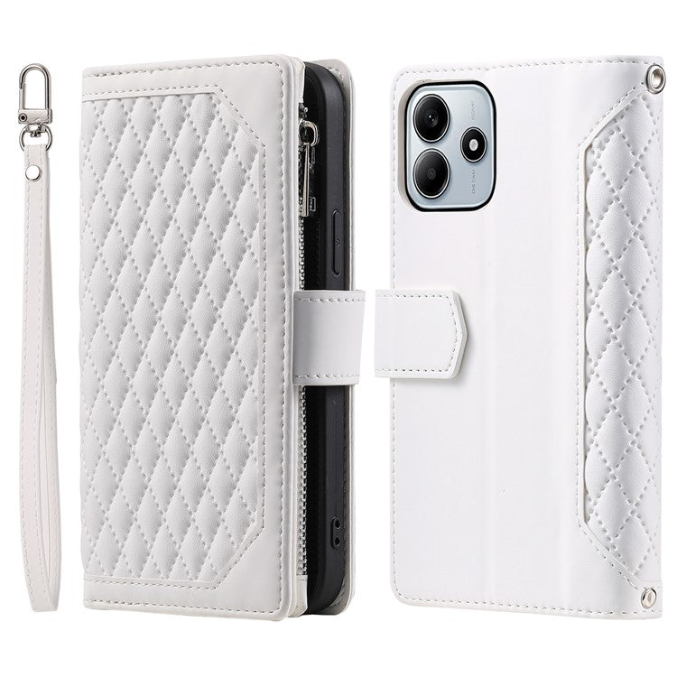 Style 005 For Xiaomi Redmi Note 14 5G Wallet Case Rhombus Stitching Line PU Leather Phone Cover - White