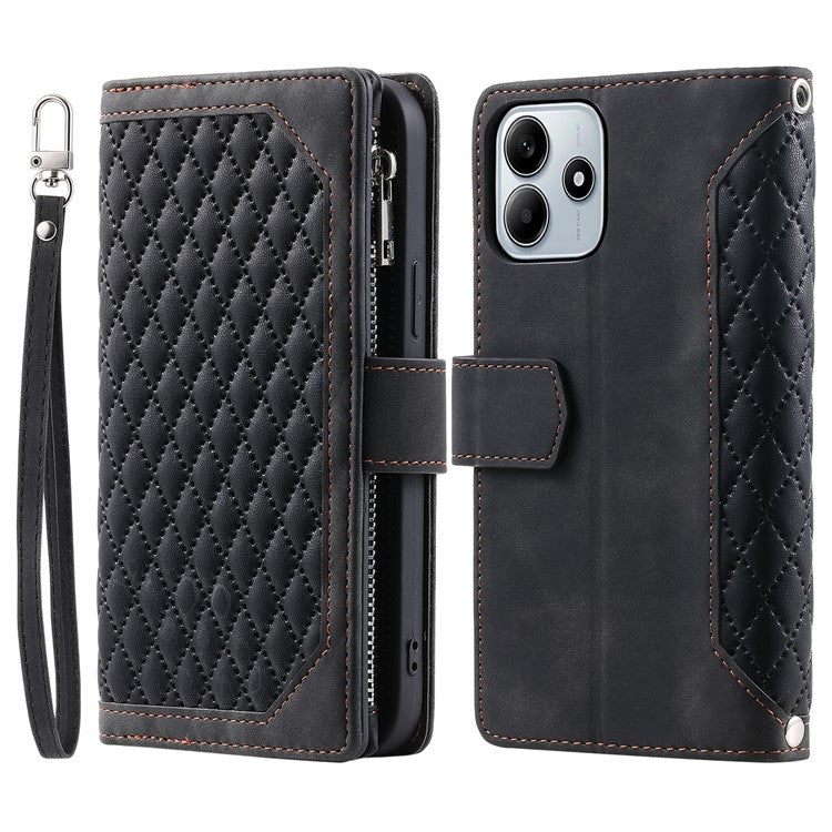 Style 005 For Xiaomi Redmi Note 14 5G Wallet Case Rhombus Stitching Line PU Leather Phone Cover - Black