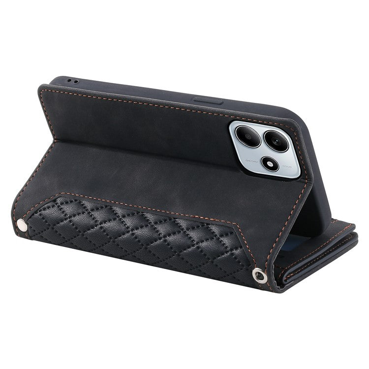 Style 005 For Xiaomi Redmi Note 14 5G Wallet Case Rhombus Stitching Line PU Leather Phone Cover - Black