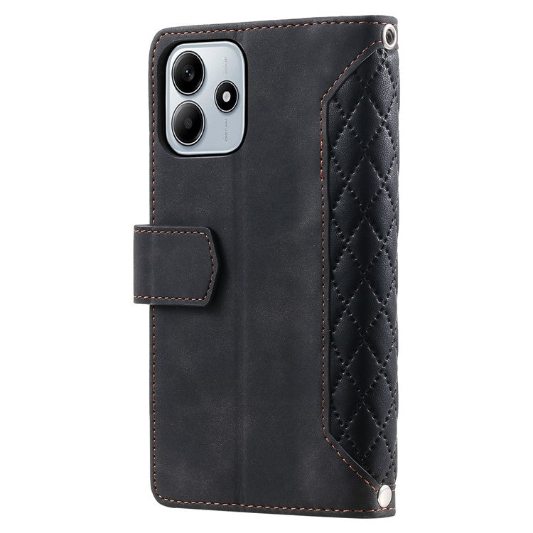 Style 005 For Xiaomi Redmi Note 14 5G Wallet Case Rhombus Stitching Line PU Leather Phone Cover - Black