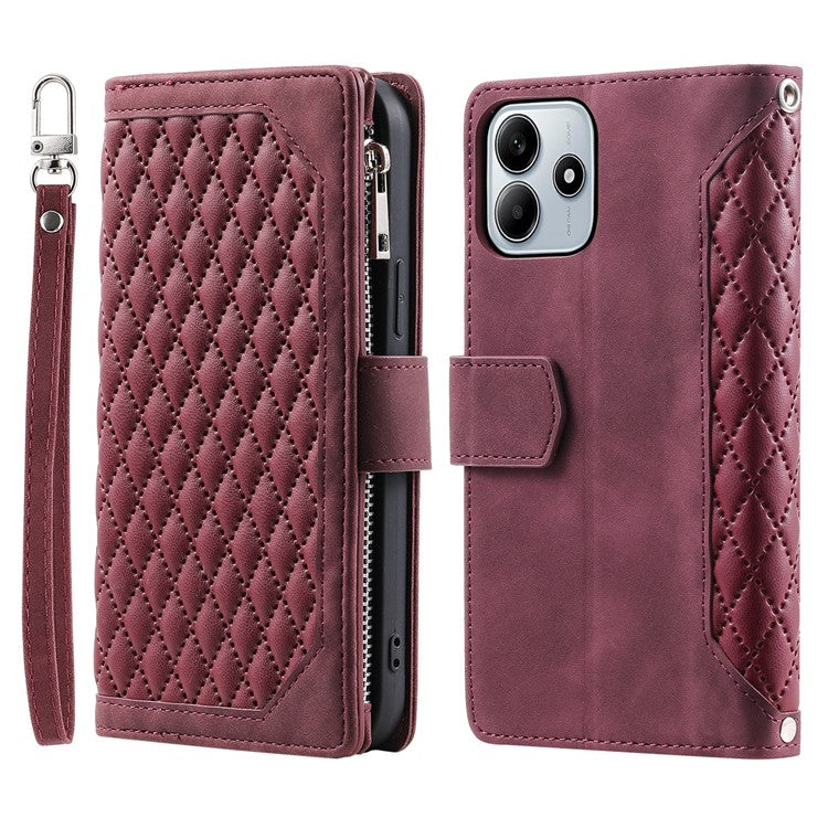 Style 005 For Xiaomi Redmi Note 14 5G Wallet Case Rhombus Stitching Line PU Leather Phone Cover - Wine Red