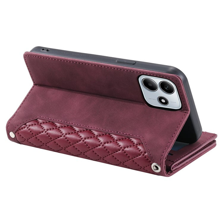 Style 005 For Xiaomi Redmi Note 14 5G Wallet Case Rhombus Stitching Line PU Leather Phone Cover - Wine Red