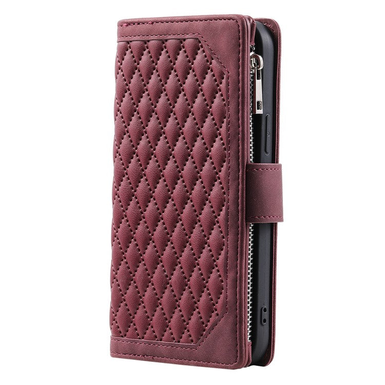 Style 005 For Xiaomi Redmi Note 14 5G Wallet Case Rhombus Stitching Line PU Leather Phone Cover - Wine Red