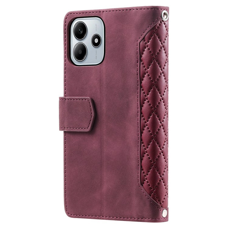 Style 005 For Xiaomi Redmi Note 14 5G Wallet Case Rhombus Stitching Line PU Leather Phone Cover - Wine Red