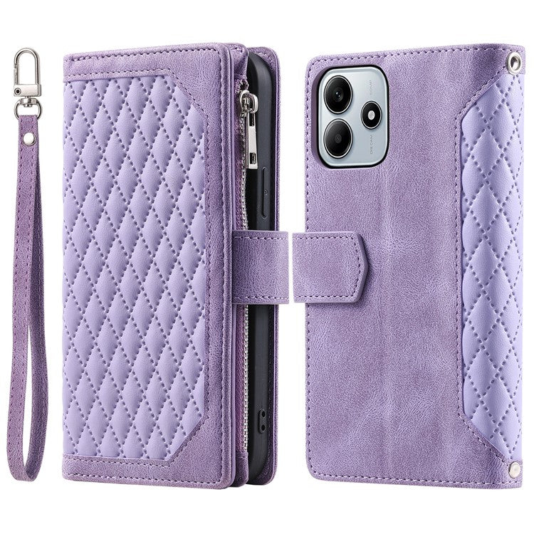 Style 005 For Xiaomi Redmi Note 14 5G Wallet Case Rhombus Stitching Line PU Leather Phone Cover - Purple