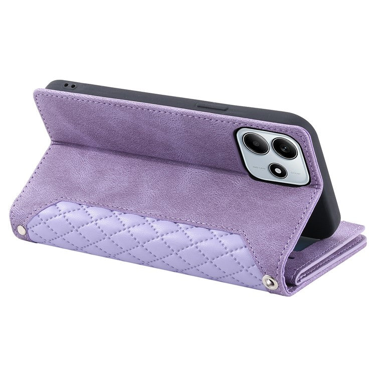 Style 005 For Xiaomi Redmi Note 14 5G Wallet Case Rhombus Stitching Line PU Leather Phone Cover - Purple