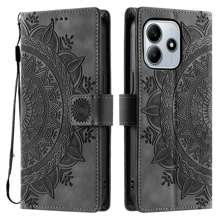 Style 018 For Xiaomi Redmi Note 14 5G Case Imprinted Totem Skin Feel Wallet Leather Phone Cover - Grey