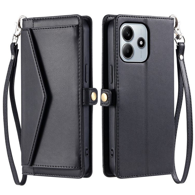 For Xiaomi Redmi Note 14 5G Leather Case Wallet Stand Phone Cover with Straps - Black