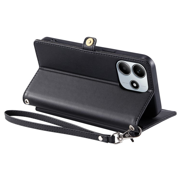 For Xiaomi Redmi Note 14 5G Leather Case Wallet Stand Phone Cover with Straps - Black