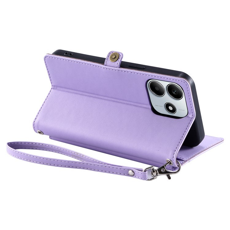 For Xiaomi Redmi Note 14 5G Leather Case Wallet Stand Phone Cover with Straps - Purple