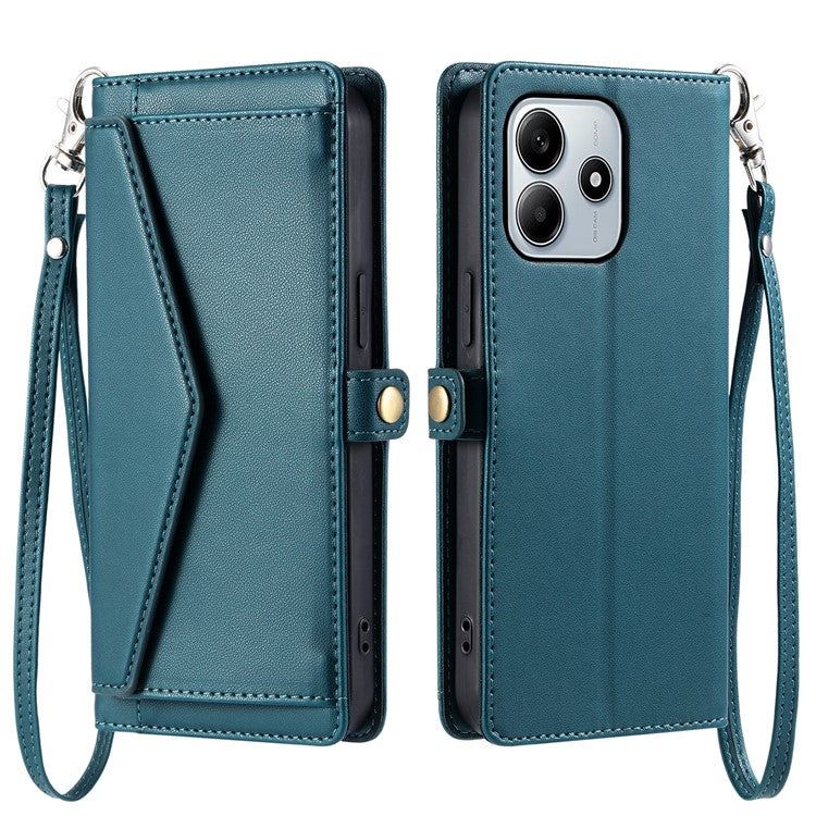 For Xiaomi Redmi Note 14 5G Leather Case Wallet Stand Phone Cover with Straps - Blackish Green