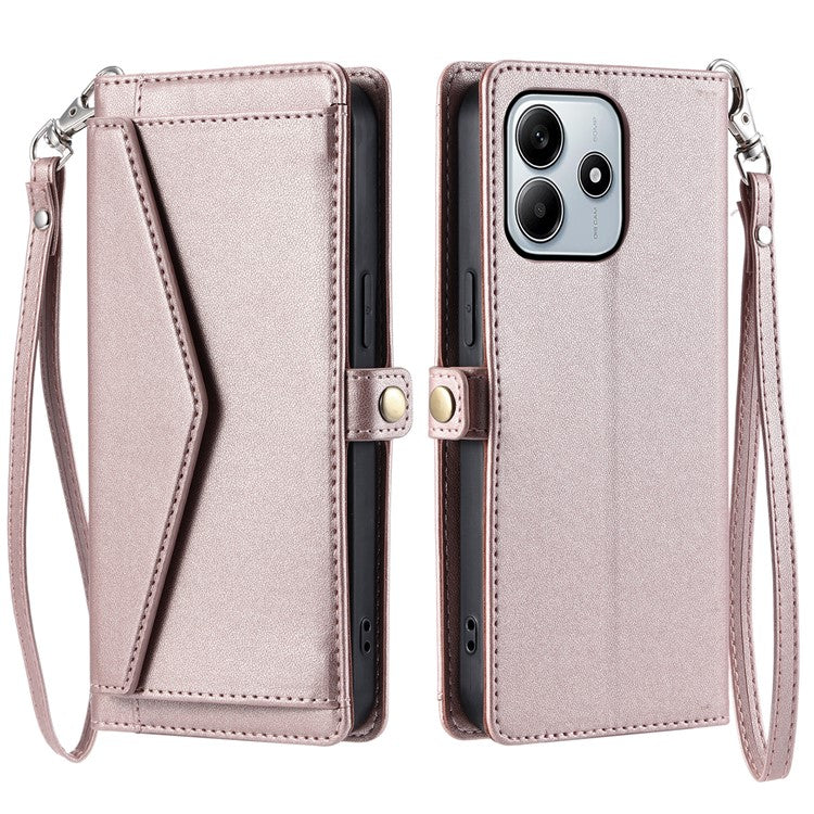 For Xiaomi Redmi Note 14 5G Leather Case Wallet Stand Phone Cover with Straps - Rose Gold