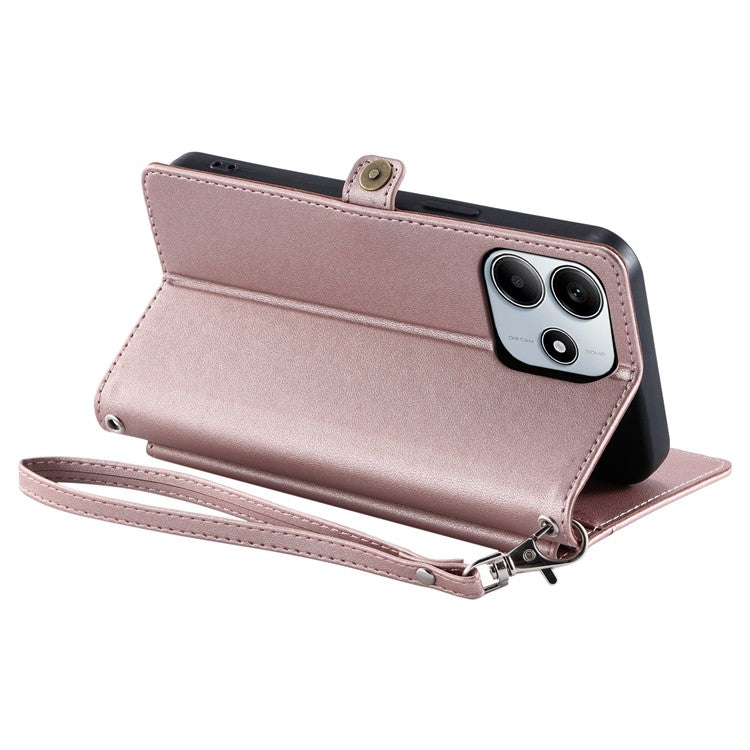 For Xiaomi Redmi Note 14 5G Leather Case Wallet Stand Phone Cover with Straps - Rose Gold