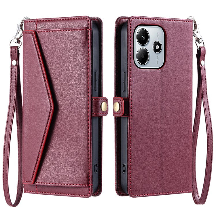 For Xiaomi Redmi Note 14 5G Leather Case Wallet Stand Phone Cover with Straps - Wine Red