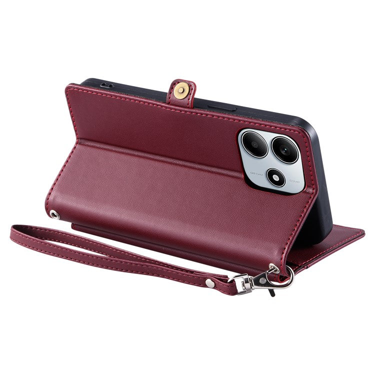 For Xiaomi Redmi Note 14 5G Leather Case Wallet Stand Phone Cover with Straps - Wine Red