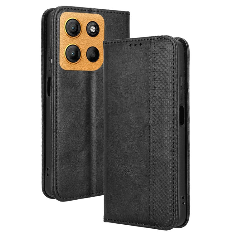 For Motorola Moto G15 4G / G15 Power 4G Leather Case Wallet Stand Retro Texture Phone Cover - Black