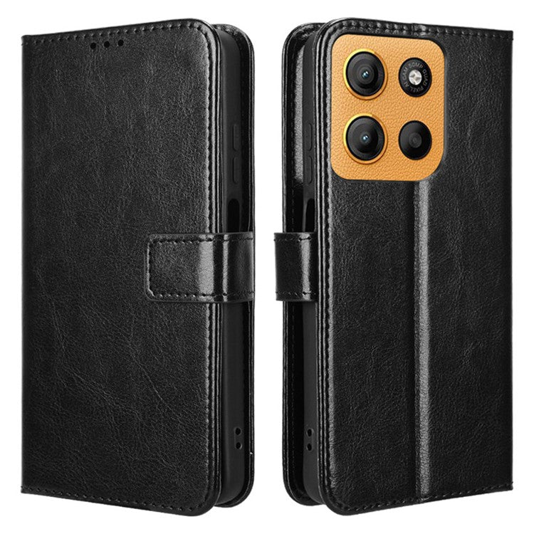 For Motorola Moto G15 4G / G15 Power 4G Case Crazy Horse Texture PU Leather Phone Wallet Cover - Black