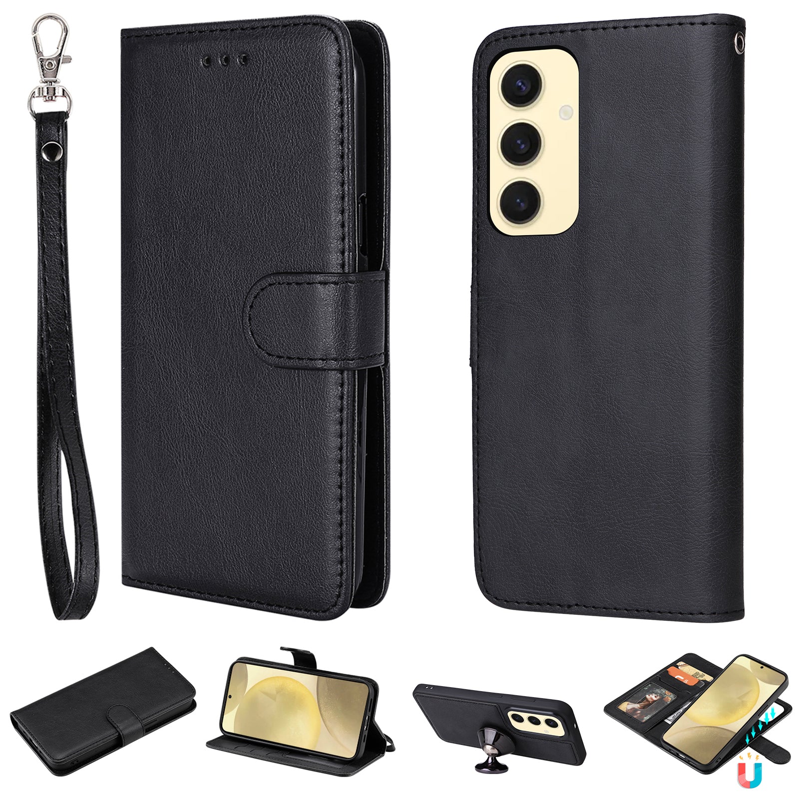 For Samsung Galaxy S25 2 in 1 Magnetic Detachable Leather Wallet Case Stand with Strap - Blank