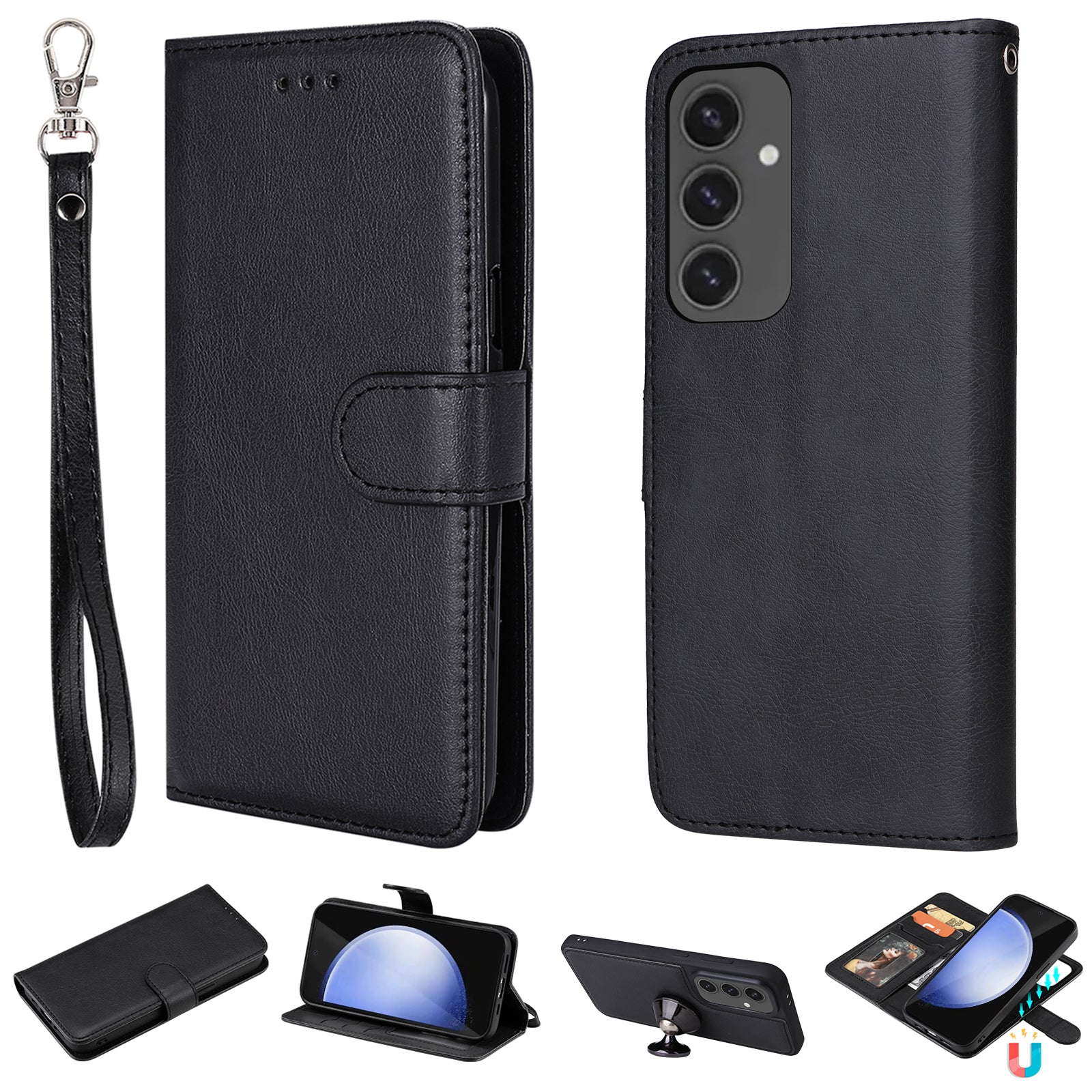 For Samsung Galaxy S24 FE 2 in 1 Magnetic Detachable Leather Wallet Case Stand with Strap - Blank