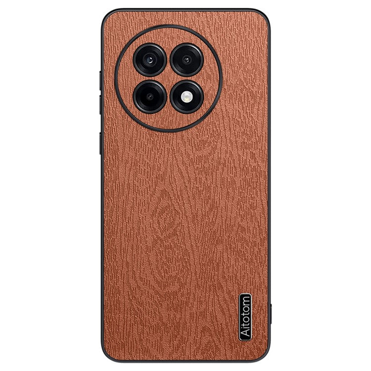 For OnePlus Ace 5 5G Case Wood Texture PU Leather Coated PC TPU Phone Cover - Brown