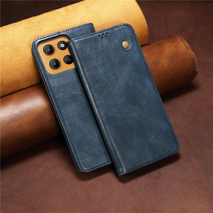 For Motorola Moto G15 4G Case Crazy Horse Texture Waxy Leather Wallet Stand Phone Cover - Blue